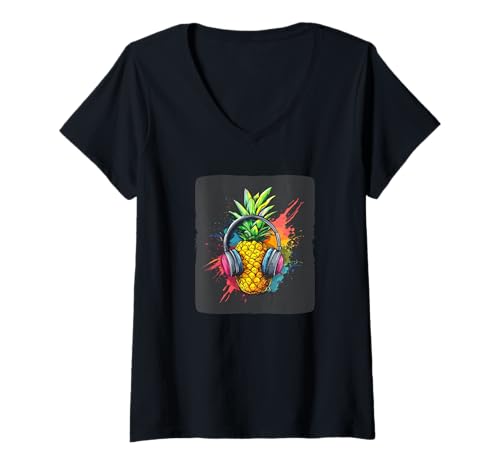 Damen Buntes Ananas mit Kopfhörern Kostüm für Musikfans T-Shirt mit V-Ausschnitt Damen Buntes Ananas mit Kopfhörern Kostüm für Musikfans T-Shirt mit V-Ausschnitt von Headphones Pineapple