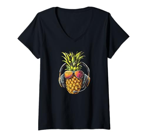 Damen Jamming Pineapple mit auffälliger Sonnenbrille und Kopfhörern T-Shirt mit V-Ausschnitt Damen Jamming Pineapple mit auffälliger Sonnenbrille und Kopfhörern T-Shirt mit V-Ausschnitt von Headphones Pineapple