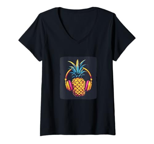 Damen Topischer Kopfhörer mit Ananas für lustigen Sommer T-Shirt mit V-Ausschnitt Damen Topischer Kopfhörer mit Ananas für lustigen Sommer T-Shirt mit V-Ausschnitt von Headphones Pineapple