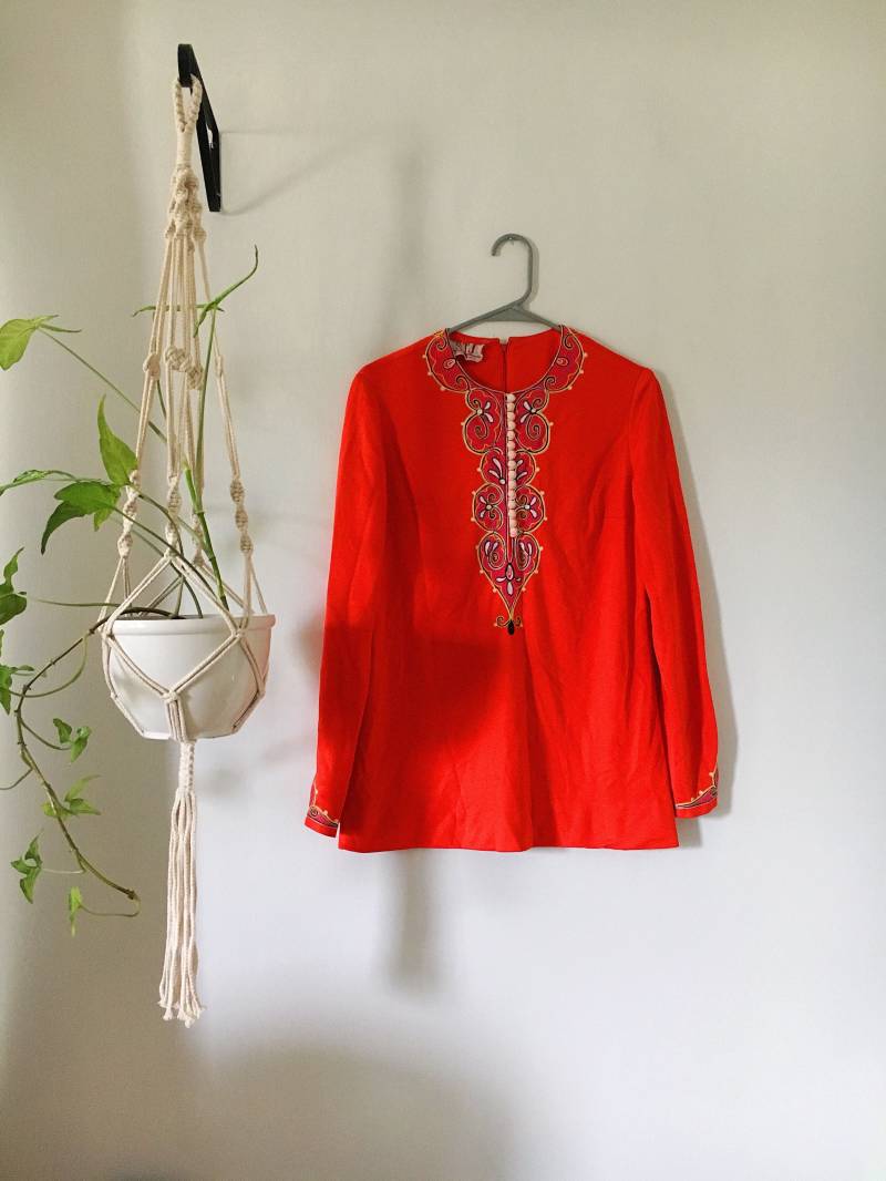 Vtg 60Er Jahre Marshall Klugman Mod Bestickte Button-Down-Zip-Down-Bestickte Polyester-Tunika - Größe S/M | Bitte Beachten Sie Die Maße von HeadwatersThrift