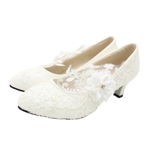 Healeved 1 Paar Weißes Damen Partyschuhpaar mit Spitzenoberfläche Blockabsatz Brautschuhe für Festliche Anlässe von Healeved