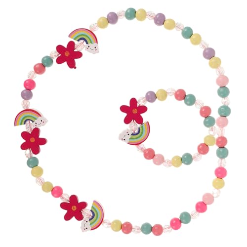 Healeved 1 Satz Mädchen Schmuckset Holz Bunte Halskette und Armband mit Regenbogen Charms Sicheres und Leichtes Kinderschmuck Set für Kreative Kombinationsmöglichkeiten von Healeved