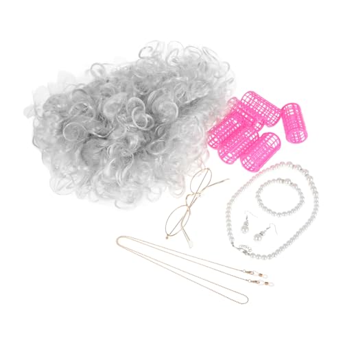 Healeved Graue Perücke Für Damen Inklusive Lockenwickler Brille Und Kette Kostümzubehör Für Cosplay Und Auftritte Realistisches Aussehen von Healeved