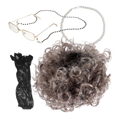 Healeved Perücken Set Mit Grauer Perücke Kostüm Prop Für Damen Brille Und Halskette Für Cosplay Und Bühnenkostüm von Healeved