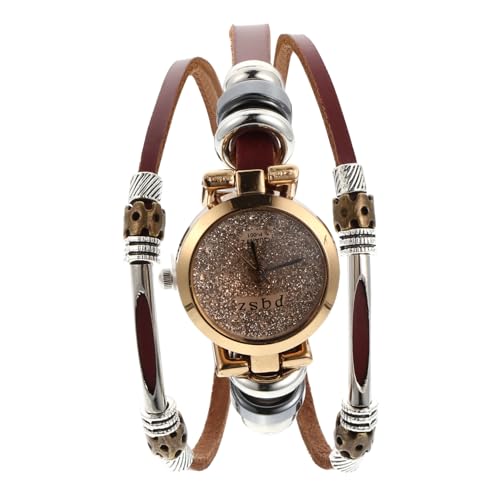Healeved 1 Stück Damen Armbanduhr Echtem mit Kristallverzierung Uhr für Frauen Braunes Armband Analoguhr Leicht Verstellbar Komfortabel von Healeved