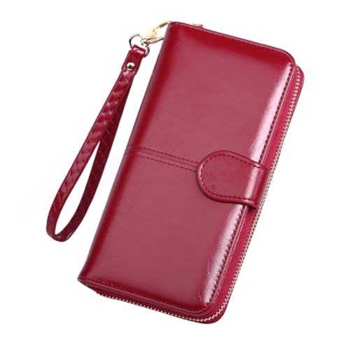 Healeved 1 Stück Ölwachs -Leder -Brieftasche weibliche Geldbörse Reißverschluss Brieftasche Damenhandtasche Geldbörse für Damen Münzfach mit Reißverschluss Kartenbrieftasche Rotwein von Healeved
