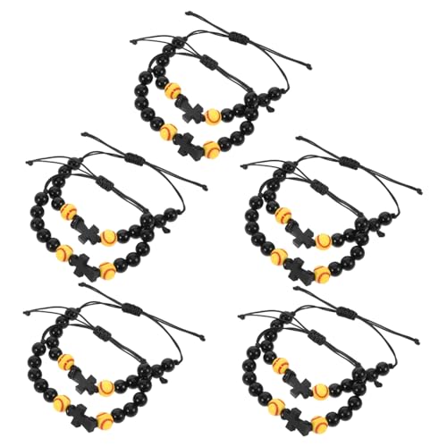 Healeved 10 Stück Holzperlen Sportarmbänder mit Kreuzanhänger Atmungsaktive Baseball Softball Fußball Geflochtene Armbänder für Erwachsene Bequemes Sport Schmuckstück für Alltag und von Healeved