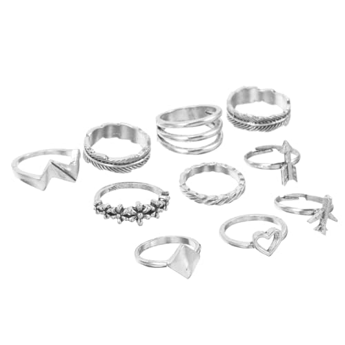 Healeved 10 Teiliges Geometrisches Damenschmuck Silberfarbene Dekorative Fingerringe mit Herz Blume Flugzeug Welle und Schiff Robustes Metall Vielseitig für Party Geburtstag Festival von Healeved