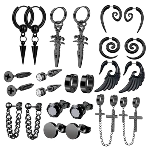 Healeved 12 Paare Teiliges Herren Ohrring Set Edelstahl Schwarz Minimalistisch Punk Hoops und Baumelnde Ohrstecker für Modebewusste Männer Vielseitig für Alltag und Party von Healeved