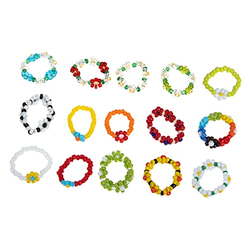Healeved 15 Stück Teiliges Beaded Rings mit Blumenmotiv Elastische Damen Fingerringe in Bunter Mischung Modischer Schmuck für Teenager und Frauen Bequemes Tragen bei Partys und Besonderen von Healeved