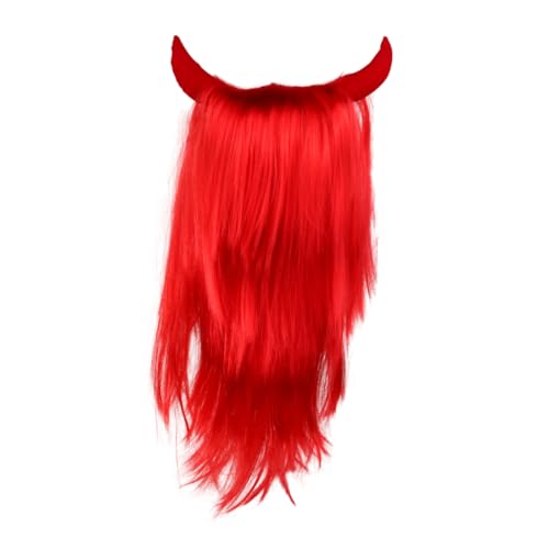 Healeved Teufel Horn Perücke Cosplay Zubehör für Halloween Party Rotes Haarteil mit Hörnern Einheitsgröße für Erwachsene und Langlebig von Healeved
