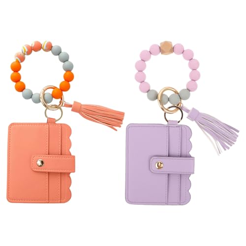 Healeved 2 Stück Perlen-Schlüsselanhänger, Geldbörse, Armband für Damen, kleine Geldbörse, gewellter Rand, Münzfach, Ausweisfenster, Schlüsselring mit Quaste für Reisen, festlich von Healeved