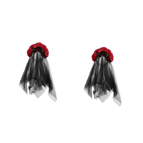 Healeved 2 Stück Schleierkopf Hoop Festival Rosen Junggesellin Muster Gothic Blumenschleier Hochzeit Blumenschleier Halloween schwarzer Schleier Blutschleier-Haarband Kostüm Schleier rot von Healeved