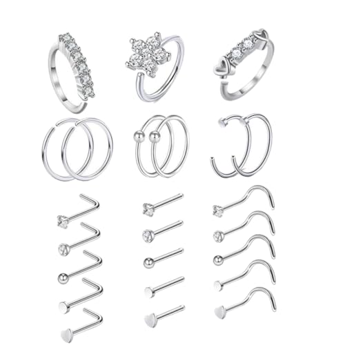 Healeved 24 Stück Teiliges Nasenringe aus Edelstahl mit Zirkonia Hautfreundliche Nasenpiercing Schmuck Glatte Oberfläche Rostfrei Modisch für Damen und Herren von Healeved