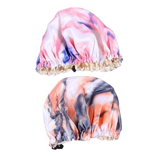 Healeved 2st Verstellbare Duschhaube Damen Hut Batik-duschhaube Seidenhaube Zum Schlafen Bademütze Elastische Kappe Doppellagige Duschhauben Tie-dye-hut Haar Duschzubehör Satin Breitseite von Healeved