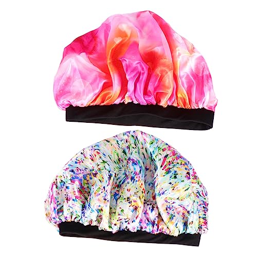 Healeved 2 Stück Satin Schlafmütze Mit Druck Und Breiter Krempe Für Damen Elastische Badekappe Atmungsaktiv Hautfreundlich Für Haarschutz Und Schlaf von Healeved