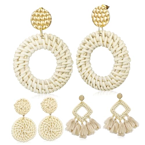 Healeved 3 Paare Rattan Ohrhänger Geflochtene Boho Tropfen Ohrringe für Damen und Mädchen Leichte Wicker Braid Ohrringe für Alltag Party Urlaub Retro und Strand Verschiedene Formen Designs von Healeved