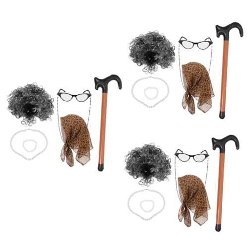 Healeved 3 Sätze Ältere Perückenanzug Perücke der alten Dame Oma Kostüm Perücke Erwachsene realistisch Großmutter Kostüm Perücke Oma Cosplay Perücke Perücken für Frauen Glas von Healeved