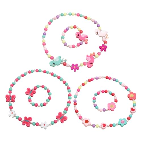 Healeved 3 Sätze Holzperlen Schmuckset mit Halskette und Verstellbarem Armband Bunte DIY Beads für Mädchen Geschenk Elastisch und Langlebig für Party Schule und Alltag von Healeved