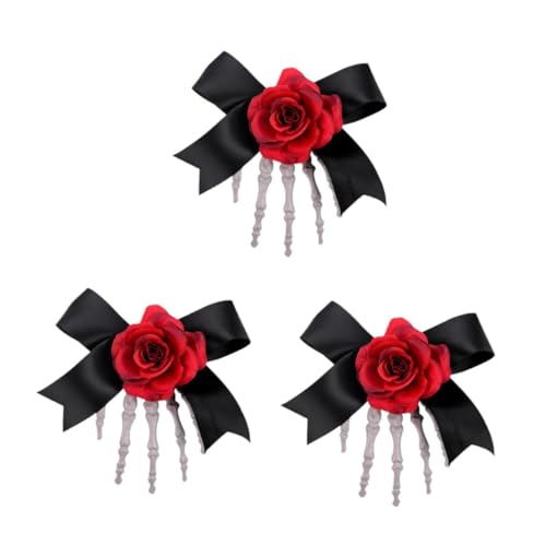 Healeved 3 Stück Halloween Haarschmuck Skelett Hand Haarspangen mit Roter Rosenblüte und Schleife Leichte Cosplay Accessoires für Damen Festliche Halloween Dekoration Komfortabler von Healeved