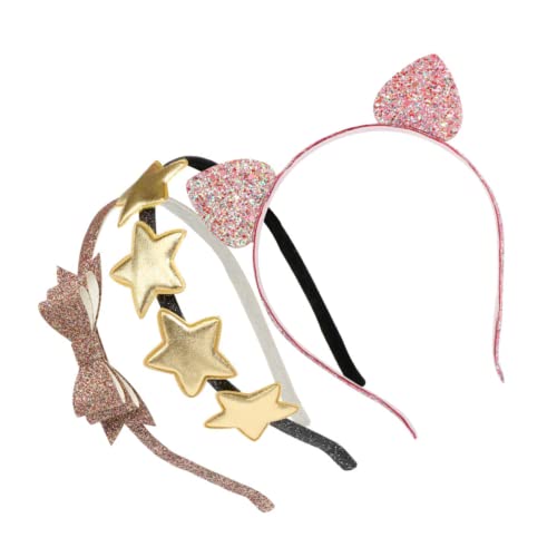 Healeved 3 Stück Teiliges Katzenohren Haarband Set mit Pailletten Sternen und Schleife Elastisches Leichtes Stirnband für Mädchen und Damen Vielseitig für Alltag Party und Cosplay Geeignet von Healeved