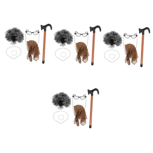 Healeved 4 Sätze Ältere Perückenanzug Oma verkleiden sich Perücke Oma n realistisch Erwachsene für alte Dame Senior graue Leistungs Plastik von Healeved