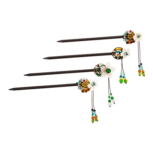 Healeved 4 Stück Chinesische Holz Haarstäbchen mit Quaste und Blumen Dekoration Stilvolle Haarnadeln für Hochzeiten Partys und Formelle Anlässe für Damen und Mädchen von Healeved