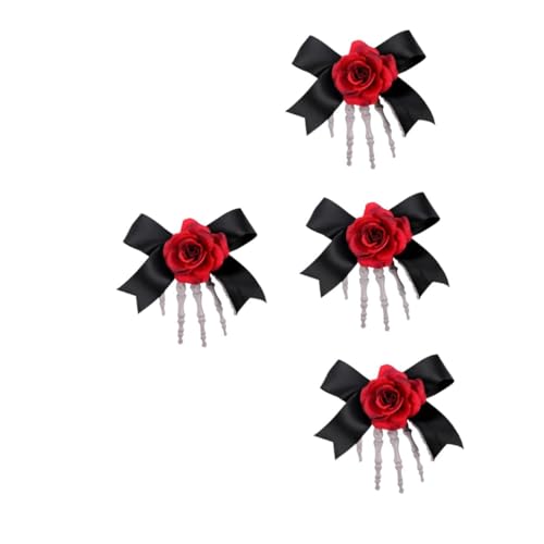 Healeved 4 Stück Halloween Haarspangen Schädel Design mit Stoffrose und Schleife Leichte Skelett Hand Haarklammern Festliche Haaraccessoires für Frauen für Halloween Party und Cosplay von Healeved
