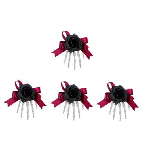 Healeved 4 Stück Halloween Haarspangen für Damen mit Skelett Hand Stoffrose und Schleife Leichte Haarschmuck Accessoires Schwarz und Rot für Halloween Partys und Kostümfeiern von Healeved