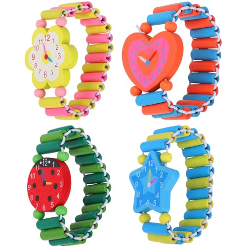 Healeved 4 Stück Holzuhr- Für Kinder Dehnbare Uhrenarmbänder Spielzeug Kreative Cartoon-Uhren-Dekoration Armband Mit Umweltverzierung (Zufälliges Muster) von Healeved