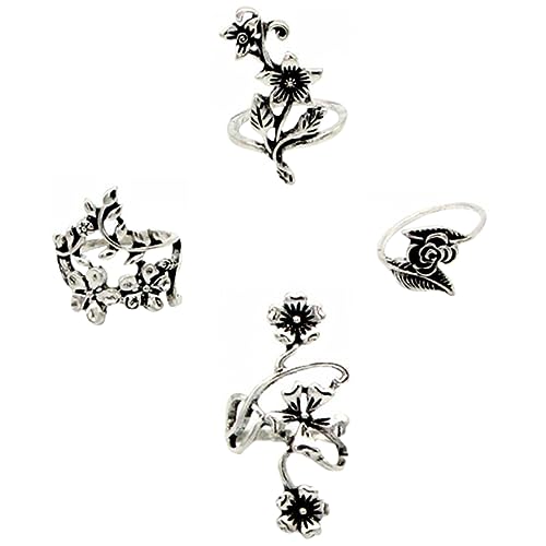 Healeved 4 Stück Teiliges Retro Damen Fingerring mit Blumenmotiv Verstellbare Vintage Knöchelringe in Antiksilber Wasserfeste Boho Ringe für Alltag Party und von Healeved