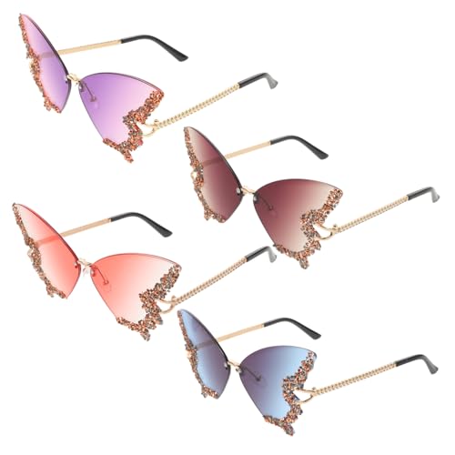 Healeved 4 Stück Teiliges Schmetterling Sonnenbrille für Damen Retro Rahmenlose Brille mit Funkelnden Strasssteinen Leichter Komfort Uv-schutz Modisch für Sommer Fotoshootings und von Healeved