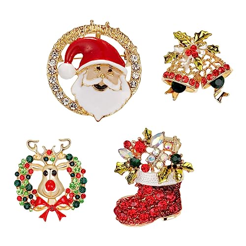 Healeved 4 Stück Weihnachtliche Legierungsbroschen mit Elch Weihnachtsmann Glocke und Schleifenkranz Anstecknadeln für Festtagsoutfits Kreative Kostümaccessoires Vielseitig und Auffällig von Healeved