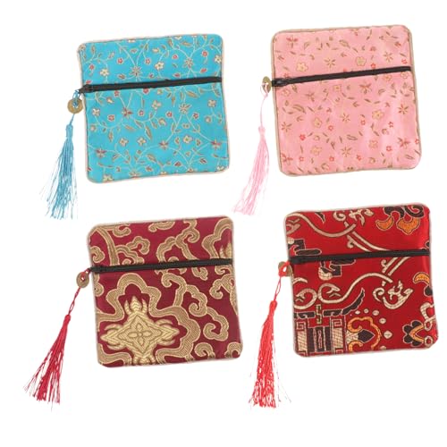 Healeved 4 Stücke Satin Bestickte Schmuckbeutel Reißverschluss Kleine Kosmetiktasche für Damen Tragbare Organizer für Schmuck und Make Up Satin Stofftaschen für Reisen von Healeved