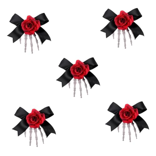 Healeved 5 Stück Halloween Haarspangen Skelett Handspange mit Roter Stoffrose und Schleife Leichte Halloween Haarschmuck für Frauen für Kostüm und Partyaccessoires von Healeved