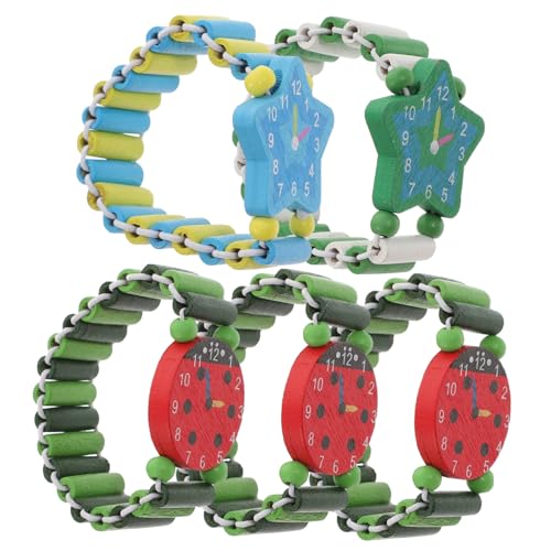 Healeved 5 Stück Kinderuhr Spielzeug Holz Cartoon Armbanduhr für Jungen und Mädchen Lernuhr für Kinder Analog Quarzuhr Bunte Armbanduhr für Alltag von Healeved