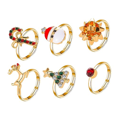 Healeved 6 Stück Teiliges Weihnachtsring Set für Damen Fingerdekorationen mit Elch Weihnachtsbaum und Santa Claus Einstellbare Ringe für Party und Alltag von Healeved