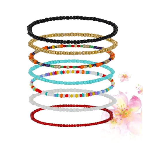 Healeved 7 Stück Handgefertigte Bunte Perlen Fußkette mit Elastischem Band Einfache Einlagige Ankle Chain Modischer Boho Fußschmuck für Damen Vielseitig Kombinierbar bei Party und Alltag von Healeved