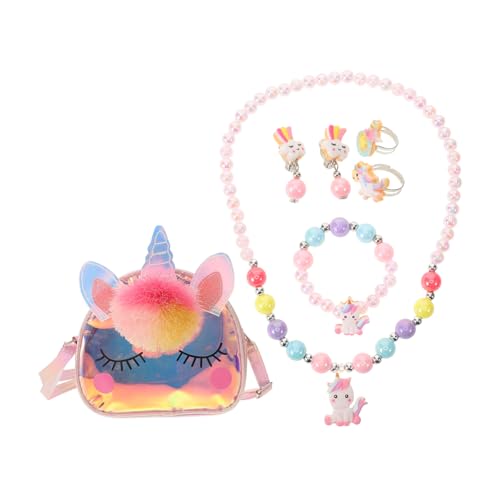 Healeved 1satz Teiliges Mädchen-Make-up-Set Mit Einhorn-Schultertasche Cartoon-Beaded-Halskette Armbändern Ringen Ohrringen Für Kreative Rollenspiele Und Kostüme Für Kleine Mädchen von Healeved