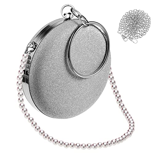 Healeved Abendtasche Damen Rund Clutch Handtasche mit Abnehmbarer Perlenkette und Metallring Party Umhängetasche für Hochzeit und Festliche Anlässe von Healeved