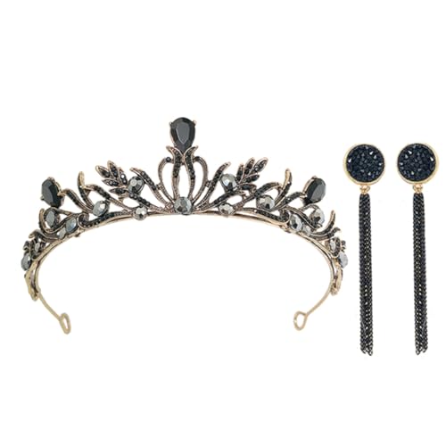 Healeved Barocke Brautkrone und Ohrringe Schwarzer Luxus Haarreif Langlebiger Legierungs Kopfschmuck für Hochzeit Geburtstag Party Vintage Stil Teiliges mit Strasssteinen Geeignet für von Healeved
