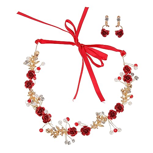 Healeved Braut Set Headband und Ohrringe mit Roten Rosen und Strasssteinen Blumenschmuck Set für Hochzeit Stabiles Stirnband Modischer Haarschmuck für Braut und Fest von Healeved