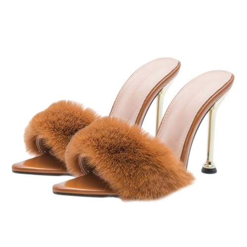 Healeved Charming Damen Sandalen Sommer mit Dünnem High Heel Flauschiger Dekor Komfortable Sohle Modische Offene Zehen Stilvolle Festliche Schuhe für Frauen von Healeved