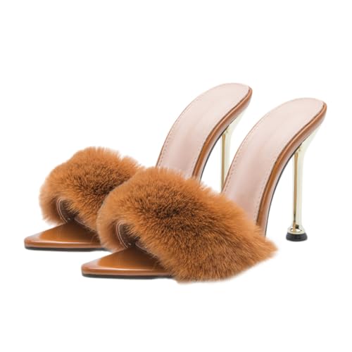 Healeved Chic Damen Sandalen mit Dünnem Absatz Flauschiger Dekoration Modisch und Bequem Hochwertige Verarbeitung Stylische High-heeled Shoes für Sommer und Alltag Kaffee-farbton von Healeved