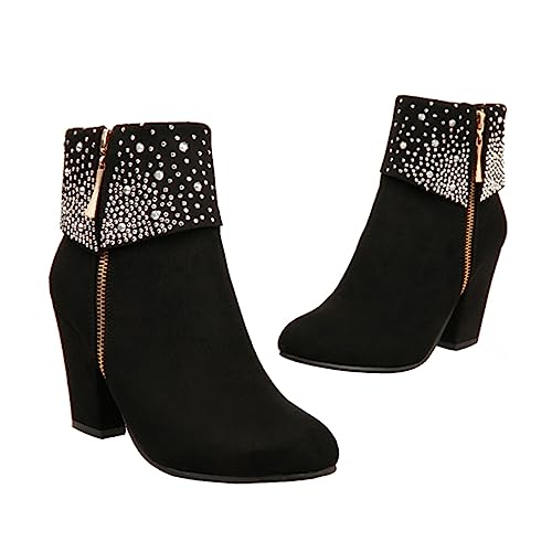 Healeved Damen Ankle Booties mit Grobem Absatz und Funkelnden Strasssteinen Schwarze Kurze Hochzeitsschuhe Bequeme Brautstiefel Vielseitig Kombinierbar für Herbst und Winter von Healeved