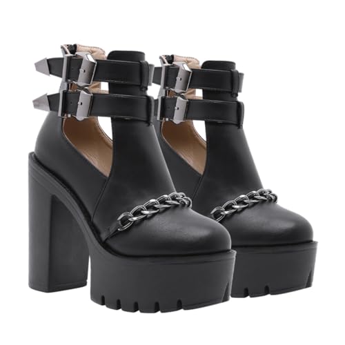 Healeved Damen Ankle Boots mit Nieten und Ketten Wasserdichte Dicke Plateau-absatz Stiefeletten Rutschfest Atmungsaktiv Modische Kurzstiefel für Alltag und Party Schwarz von Healeved