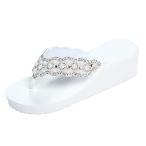 Healeved Damen Flops mit Perlen und Strass Rutschfeste Badeschuhe für Strand und Pool Weiße Sandalen Bequeme Flexible Sommerschuhe mit Rutsch Sohle von Healeved