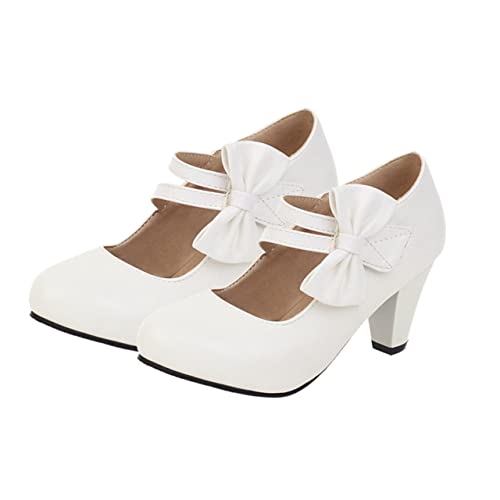 Healeved Damen High Heels mit Schleife Weiß Grober Absatz Leichter Pumps Vielseitig Kombinierbar für Party Büro Hochzeit Stilvolle Damenschuhe von Healeved