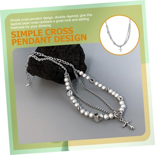 Healeved Damen Kreuzkette mit Perlen Doppellagige Layered Cross Necklace Eleganter Anhänger Modeschmuck Vielseitige Layered Necklaces für Frauen Geschenkidee zu Weihnachten und von Healeved