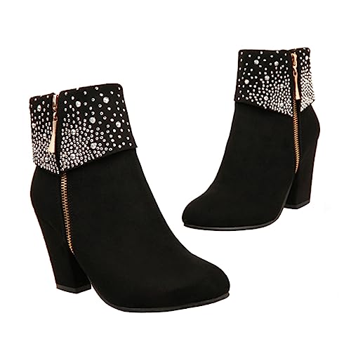 Healeved Damen Kurzschaft Stiefeletten mit Grobem Absatz und Funkelnden Strasssteinen Winterboots für Hochzeit und Alltag und Modisch Schwarz von Healeved